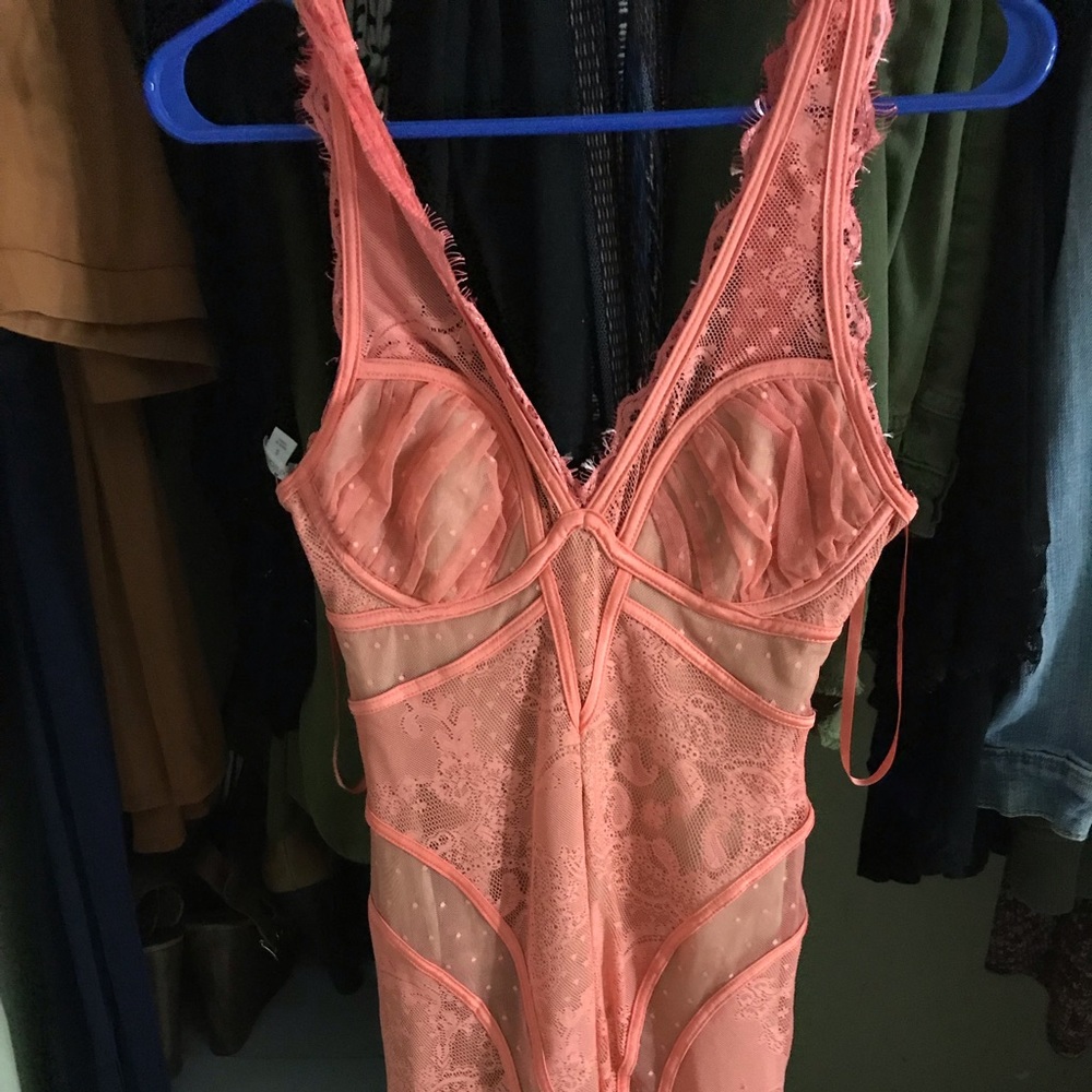 Coral and nude lace midi